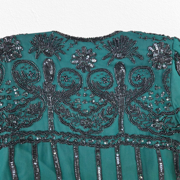 80s Vintage Green Black Silk Beaded Sequin Cropped Designer Jacket Size Large - Picture 7 of 9